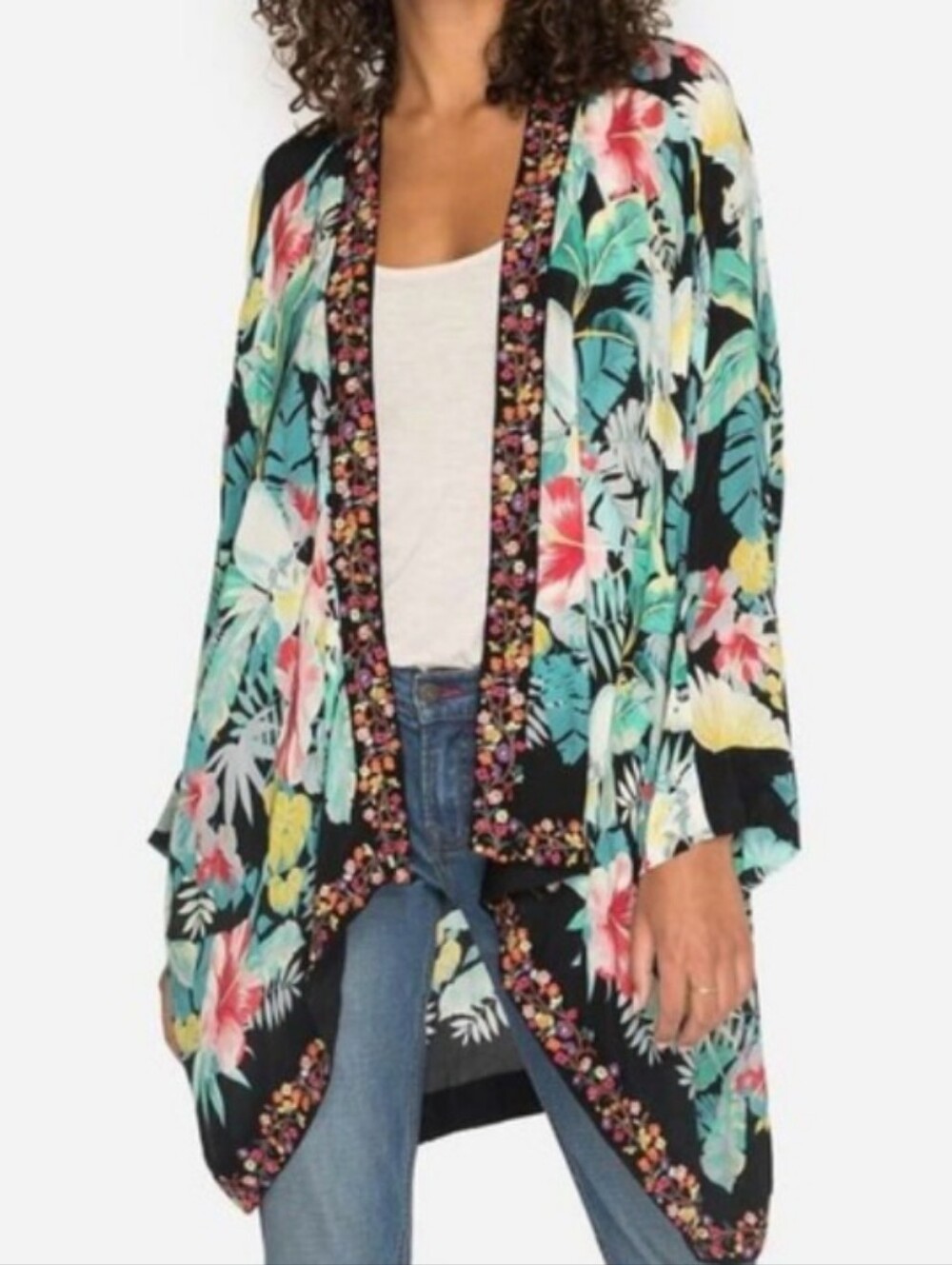 Johnny Was Black Tropical Floral Embroidered Open-Front Kimono Size Small, NWOT